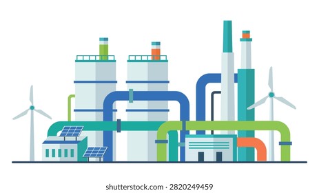 Integrated energy plant with solar panels wind turbines and pipe lines for clean power and smart industry