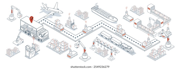 Uma rede logística global integrada que combina transporte aéreo, rodoviário e marítimo com armazenamento automatizado, sistemas robóticos e gerenciamento inteligente de inventário. Ilustração vetorial EPS 10