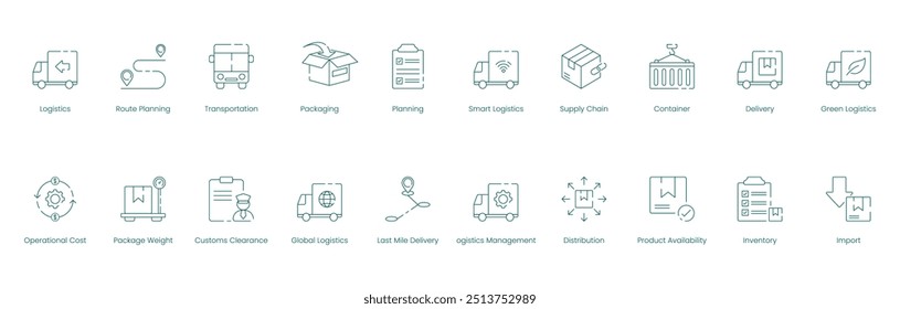 Conjunto integrado de ícones verdes de logística e transporte para gerenciamento eficiente da cadeia de fornecimento