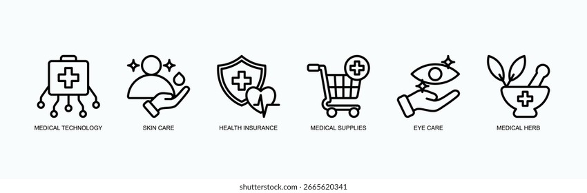 Conjunto De Iconos De Soluciones De Salud Integradas Vector Aislado Con Icono De Tecnología Médica, Cuidado De La Piel, Seguro De Salud, Suministros Médicos, Cuidado De Los Ojos, Hierba Médica, En Estilo De Contorno