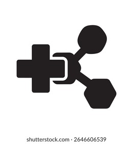 Integrated healthcare glyph icon with medical cross and connected nodes for patient care network system vector graphic design vector solid glyph icon