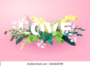 Integrated love lettering on a pink background and decorated with flowers, green leaves and plant branches. Letters with the effect 3d. Vector illustration.