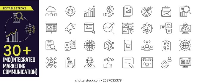 Integrated Marketing Communication Stroke icon collections. Containing communication, set, imc, link, content, hashtag, support, and more icons. Editable Stroke icon collection Outline icon