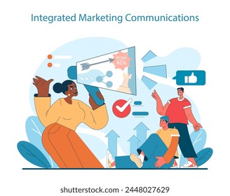 Integrated Marketing Communications concept. Cohesive strategy for customer outreach with multi-channel advertising. Team synergy in campaign execution. Vector illustration.