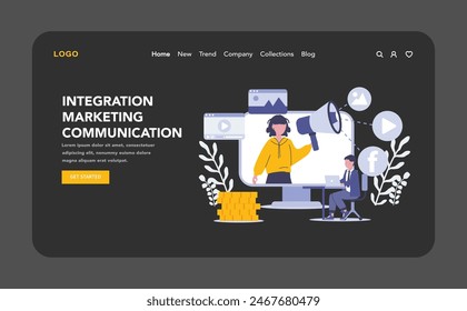 Integrated Marketing Communications night or dark mode web or landing page. Cohesive brand messaging across digital platforms for robust market presence. Unified advertising strategy.