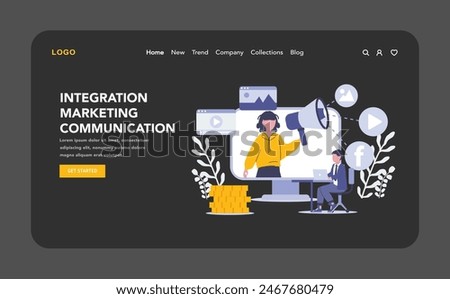Integrated Marketing Communications night or dark mode web or landing page. Cohesive brand messaging across digital platforms for robust market presence. Unified advertising strategy.