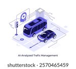 Integrated safety control system for urban transport. AI analyzed traffic management concept isometric vector illustration. Automated technology on city streets cartoon objects composition