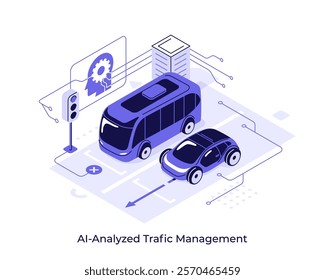 Integrated safety control system for urban transport. AI analyzed traffic management concept isometric vector illustration. Automated technology on city streets cartoon objects composition