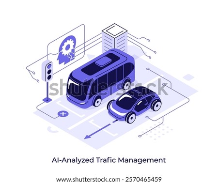 Integrated safety control system for urban transport. AI analyzed traffic management concept isometric vector illustration. Automated technology on city streets cartoon objects composition