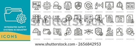Integrated Safety Systems in Industry icon set. Central Safety Dashboard, Automated Alarm System, Emergency Shutdown Control, Risk Monitoring Panel, Interlock Safety Mechanism and Real Time Alert