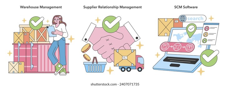 Integrated supply chain network set. Dynamic warehouse management, fostering robust supplier partnerships, advanced SCM software for real-time logistics. Systematic coordination for business agility.