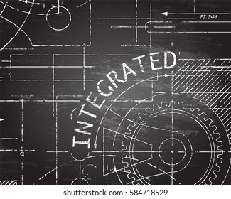 Integrated text with gear wheels hand drawn on blackboard technical drawing background
