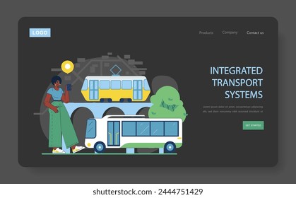 Integrated Transport Systems concept. Commuter using mobile app for seamless travel with bus and tram. Urban synchronization of public transport.