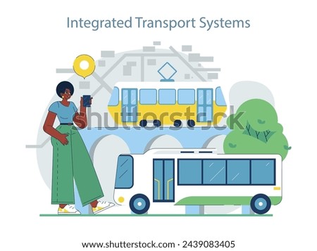 Integrated Transport Systems concept. Commuter using mobile app for seamless travel with bus and tram. Urban synchronization of public transport.