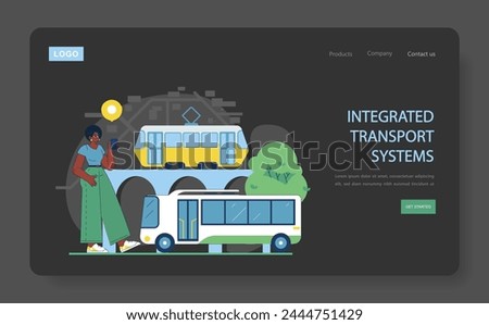 Integrated Transport Systems concept. Commuter using mobile app for seamless travel with bus and tram. Urban synchronization of public transport.