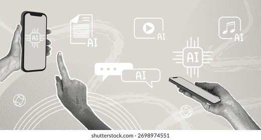 Integração da IA em tecnologias móveis e criação de conteúdo. Uma colagem de meio-tom na moda. Conceito de gerenciamento de conteúdo, criação de conteúdo, IA para automação.
