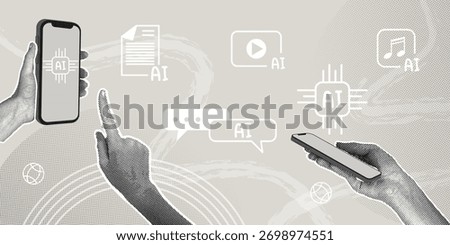 Integrating AI into mobile technologies and content creation. A trendy halftone collage. Content management concept, content creation, AI for automation.