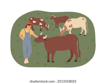 Integrating livestock and crops isolated cartoon vector illustrations. Herd of animals and farmer walking across the field, modern agriculture, sustainable agriculture vector cartoon.