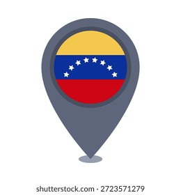 Integrating Venezuelan flag into map pin design, showcasing yellow, blue with stars, red bands in circular emblem