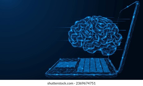 Integración de la inteligencia artificial en las tecnologías informáticas. Cerebro y laptop. Diseño poligonal de líneas y puntos interconectados. Fondo azul.