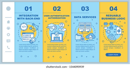 Integration with back-end onboarding mobile web pages vector template. Responsive smartphone website interface idea with linear illustrations. Webpage walkthrough step screens. Color concept