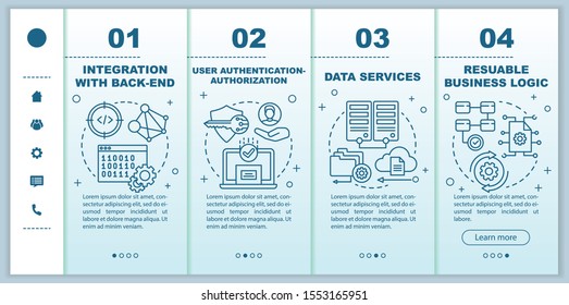 Integration with back-end onboarding mobile web pages vector template. Responsive smartphone website interface idea with linear illustrations. Webpage walkthrough step screens. Color concept