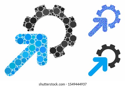 Integration cog mosaic of round dots in different sizes and color tinges, based on integration cog icon. Vector round dots are grouped into blue illustration.