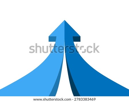Integration concept featuring two curved blue lines merging into one upward pointing arrow, teamwork and cooperation illustration, combined efforts for business success, strategic unity design.