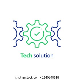 Integration concept, technology solution, cogwheel and check mark, system compliance, business automation, software development, installment and maintenance, vector line icon