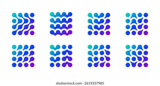 Logotipo de ponto de conexão de integração. Inove ícone para neurônio do cérebro. Padrão de nano material artificial. Forma de grade quadrada circular, líquido biotécnico orgânico, futura molécula de globo energético. Link químico da mente