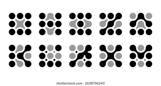 Integration connection dot logo. Innovate icon for brain neuron. Artificial nano material pattern. Circular square grid shape, organic biotech liquid, future energy globe molecule. Chemical mind link