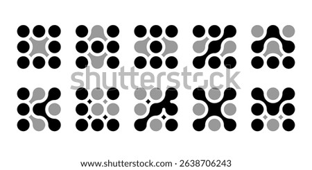 Integration connection dot logo. Innovate icon for brain neuron. Artificial nano material pattern. Circular square grid shape, organic biotech liquid, future energy globe molecule. Chemical mind link