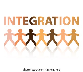 Integration cut out paper people chain in different skin tone colors