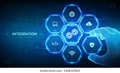 Sistema de datos de integración. Concepto de integración de sistemas. Tecnología inteligente industrial. La mano de Wireframe coloca un elemento en una composición que visualiza soluciones de automatización de negocios. Ilustración vectorial.