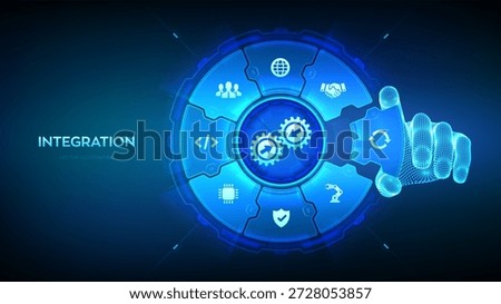 Integration data system. System Integration concept. Industrial smart technology. Business automation solutions. Hand places an element into a composition visualizing Integration. Vector illustration.
