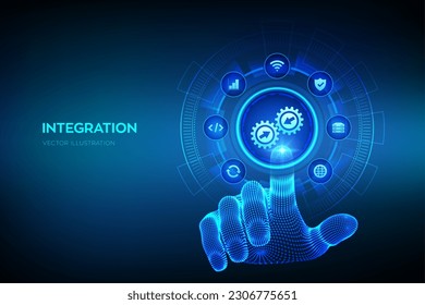 Integrationsdatensystem. Systemintegrationskonzept auf virtuellem Bildschirm. Industrielle intelligente Technologie. Automatisierungslösungen für Unternehmen. Wireframe Hand, die digitale Schnittstelle berührt. Vektorgrafik.