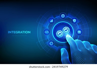 Integration data system. System Integration concept on virtual screen. Industrial smart technology. Business automation solutions. Wireframe hand touching digital interface. Vector illustration.