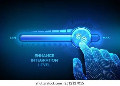 Integration data system. System Integration. Industrial and smart technology. Business and automation solutions. Wireframe hand is pulling up to the maximum position progress bar. Vector illustration.