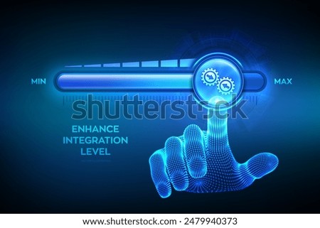 Integration data system. System Integration. Industrial and smart technology. Business and automation solutions. Wireframe hand is pulling up to the maximum position progress bar. Vector illustration.