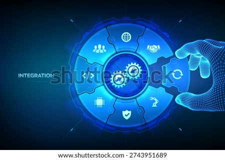 Integration data system. Industrial smart technology. System Integration concept. Business automation solutions. Hand places an element into a composition visualizing Integration. Vector illustration.