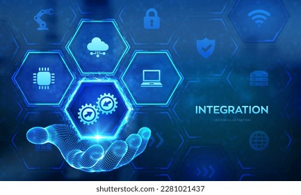 Integration data system. System Integration technology concept in wireframe hand. Industrial and smart technology. Business and automation solutions. Vector illustration.