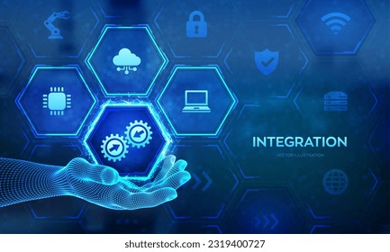 Integration data system. System Integration technology concept in wireframe hand. Industrial and smart technology. Business and automation solutions. Vector illustration.