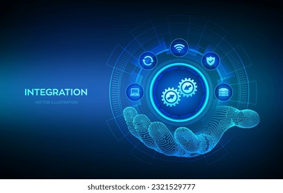 Integration data system. System Integration technology concept in robotic hand. Industrial and smart technology. Business and automation solutions. Vector illustration.