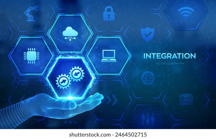 Integrationsdatensystem. Systemintegrationstechnik-Konzept in Drahtmodell-Hand. Industrie und Gewerbe und Smart Technology. Unternehmens- und Automatisierungslösungen. Vektorillustration.