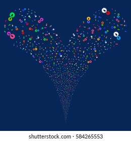 Integration fireworks stream. Vector illustration style is flat bright multicolored iconic symbols on a blue background. Object double fountain combined from random icons.