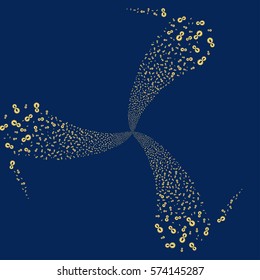 Integration fireworks swirl rotation. Vector illustration style is flat yellow iconic symbols on a blue background. Object twirl constructed from random pictographs.