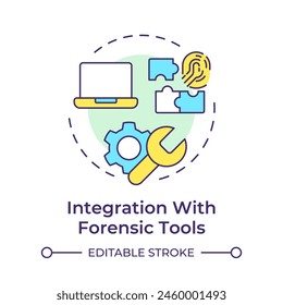 Integration with forensic tools multi color concept icon. Digital investigation. Round shape line illustration. Abstract idea. Graphic design. Easy to use in infographic, presentation