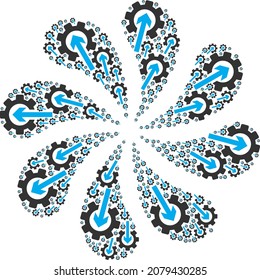 Integration gear icon swirl burst flower salute composition. Flower burst designed using random integration gear icons.