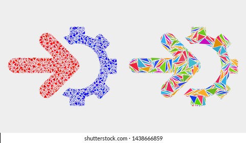 Integration gear mosaic icon of triangle items which have various sizes and shapes and colors. Geometric abstract vector design concept of integration gear.