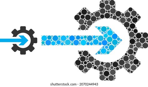 Mosaico vectorial de engranajes de integración de puntos redondos de diferentes tamaños y matices de color. Los puntos redondos se componen en la ilustración vectorial del engranaje de integración. Ilustración del vector abstracto.